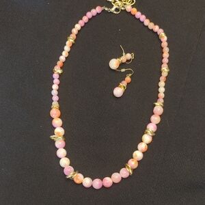 Elegant Pink and Gold Beaded Necklace and Earring Set